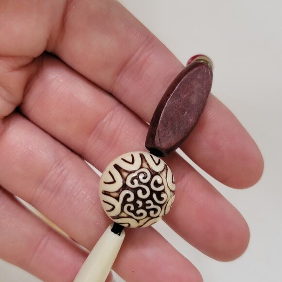 Tribal Boho Beaded Necklace With Carved Wood Bone Style Beads And Earthy Accents - Picture 9 of 10